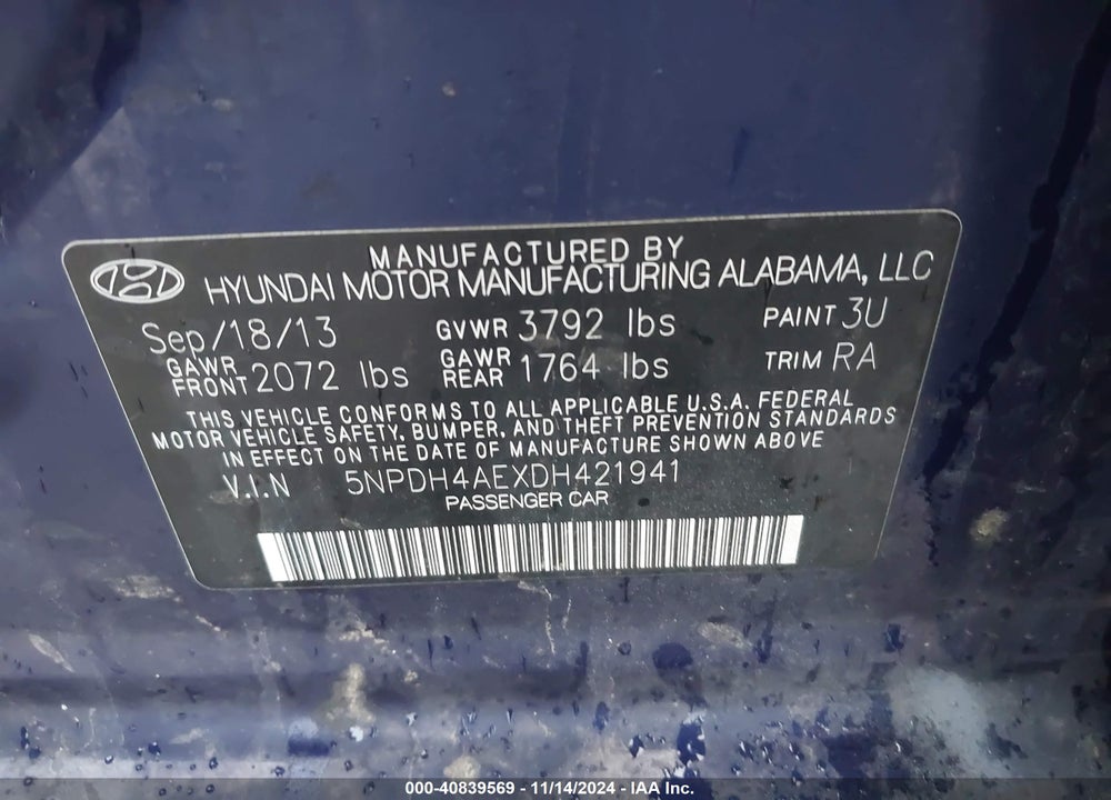 2013 HYUNDAI ELANTRA LIMITED VIN: 5NPDH4AEXDH421941