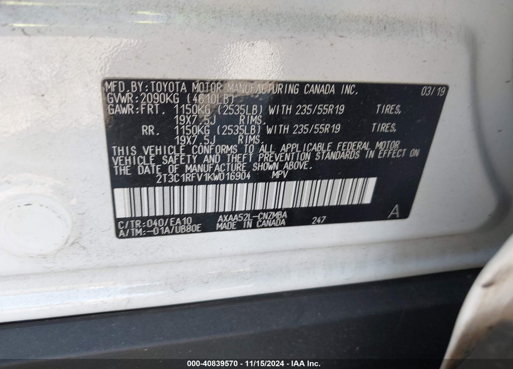2019 TOYOTA RAV4 XLE PREMIUM VIN: 2T3C1RFV1KW016904