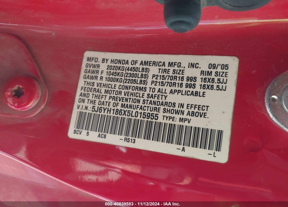 2005 HONDA ELEMENT EX VIN: 5J6YH186X5L015955
