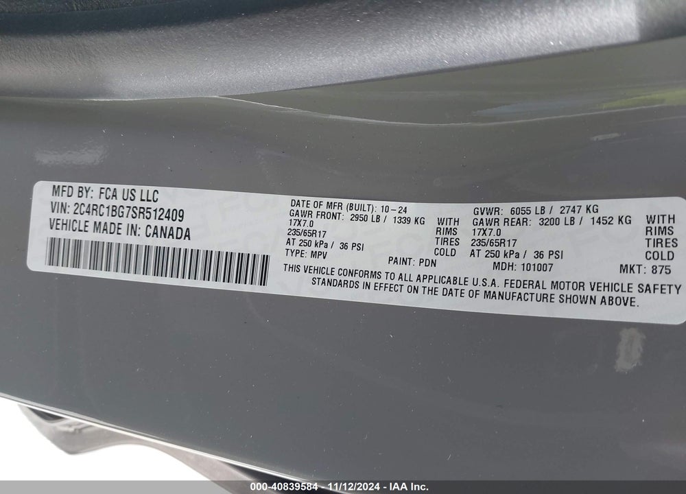 2025 CHRYSLER PACIFICA SELECT VIN: 2C4RC1BG7SR512409
