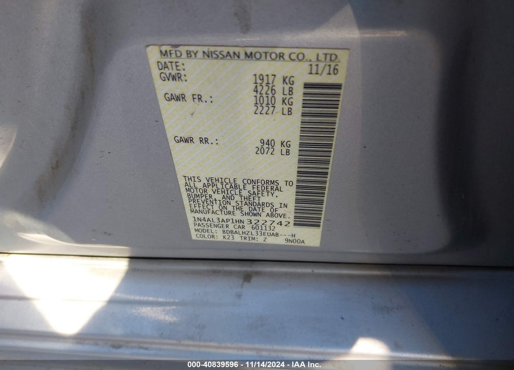 2017 NISSAN ALTIMA 2.5 SR VIN: 1N4AL3AP1HN322742