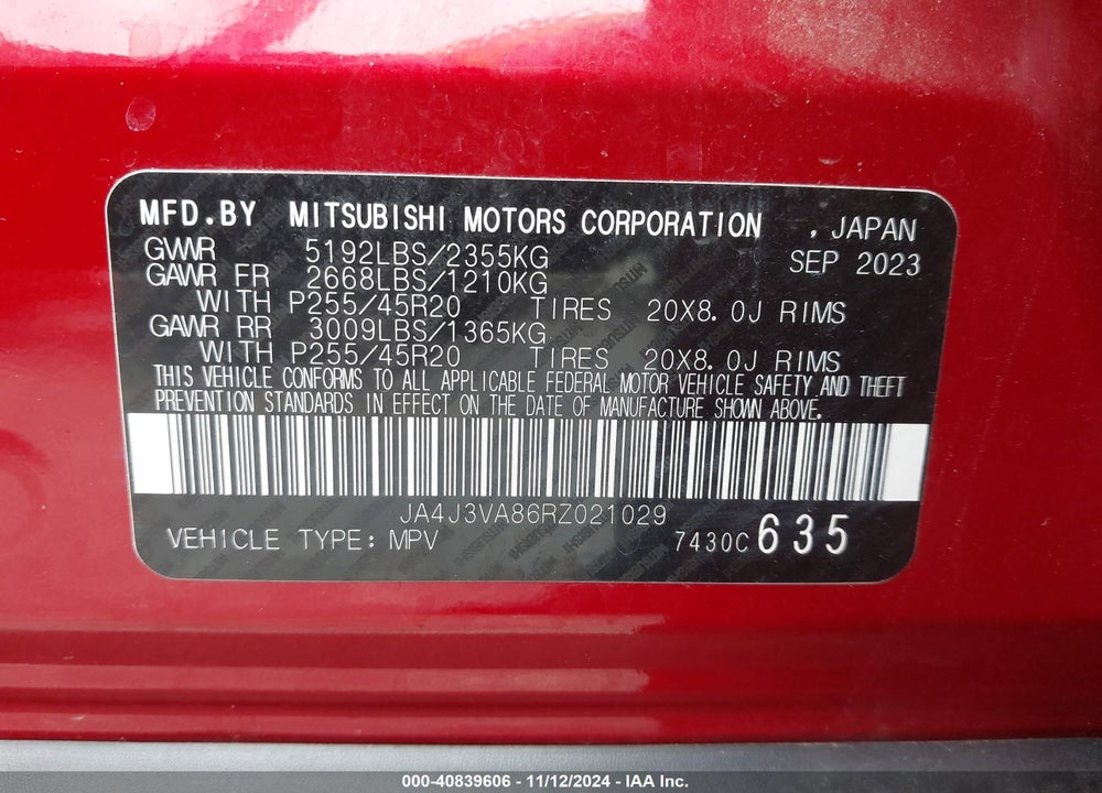 2024 MITSUBISHI OUTLANDER VIN: JA4J3VA86RZ021029