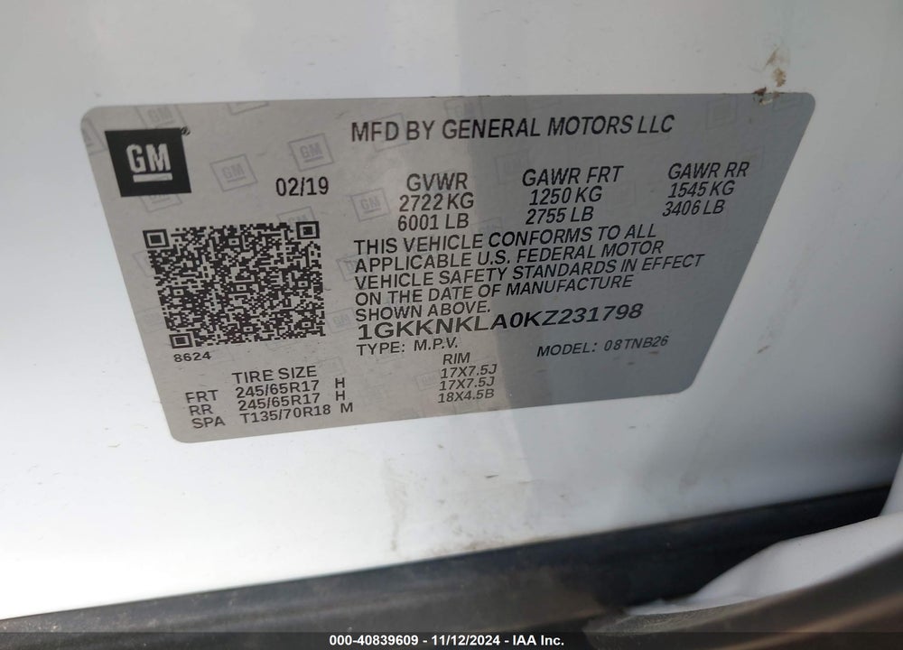2019 GMC ACADIA SLE-1 VIN: 1GKKNKLA0KZ231798