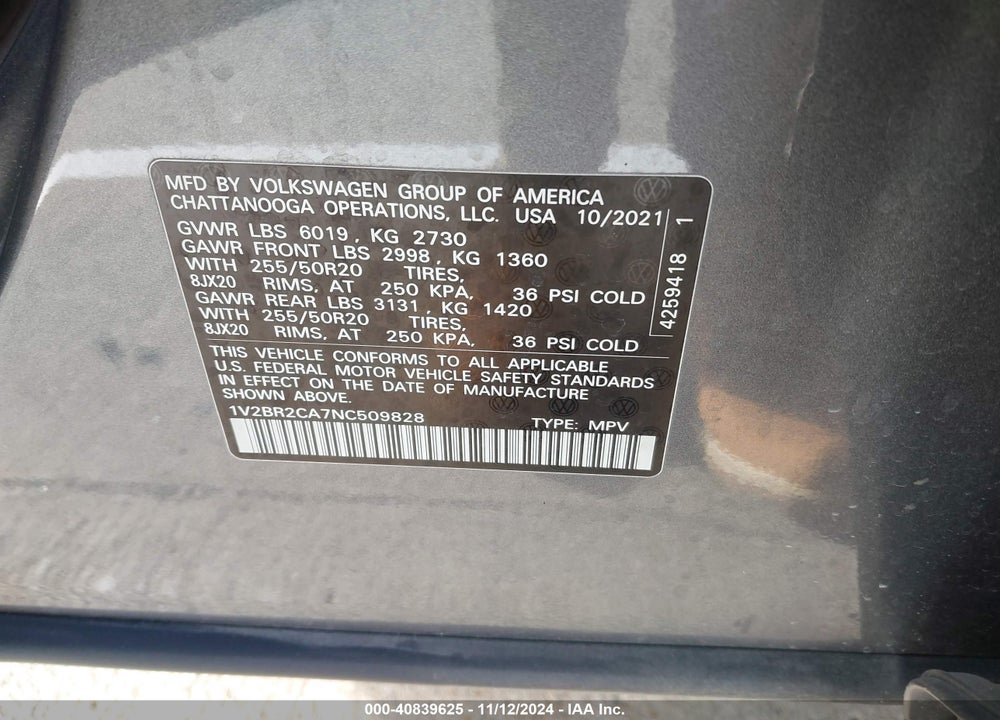 2022 VOLKSWAGEN ATLAS 3.6L V6 SEL VIN: 1V2BR2CA7NC509828