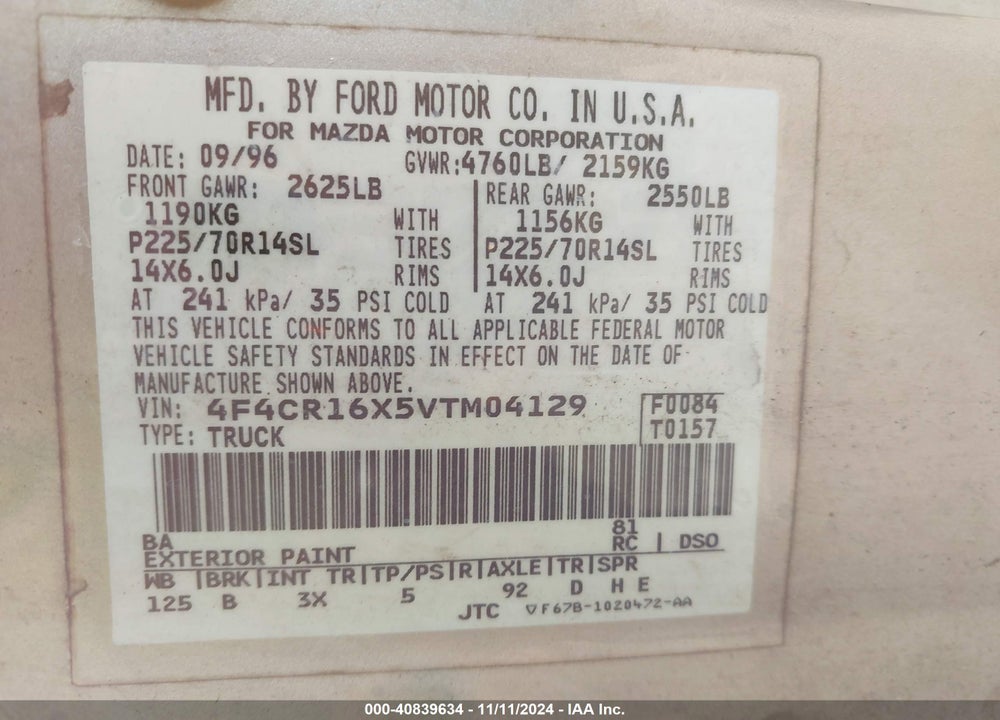 1997 MAZDA B4000 SE VIN: 4F4CR16X5VTM04129