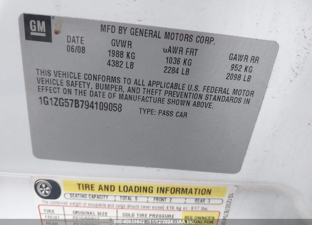 2009 CHEVROLET MALIBU LS VIN: 1G1ZG57B794109058