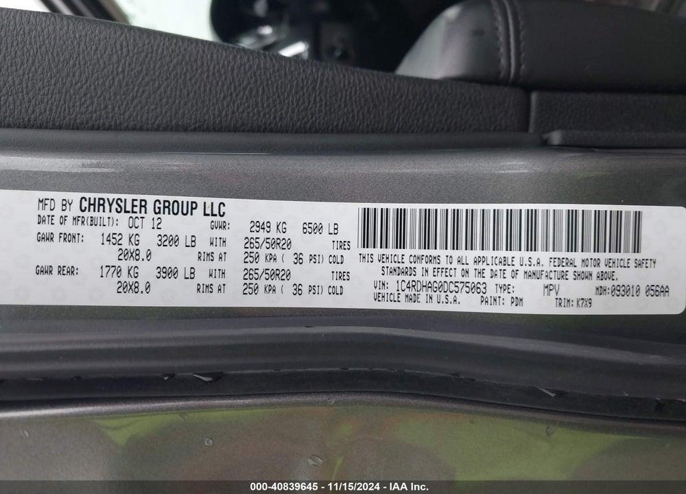 2013 DODGE DURANGO SXT VIN: 1C4RDHAG0DC575063