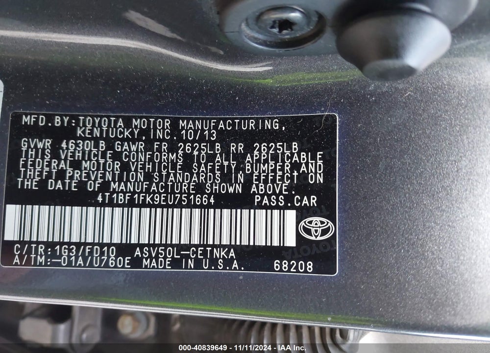 2014 TOYOTA CAMRY LE VIN: 4T1BF1FK9EU751664