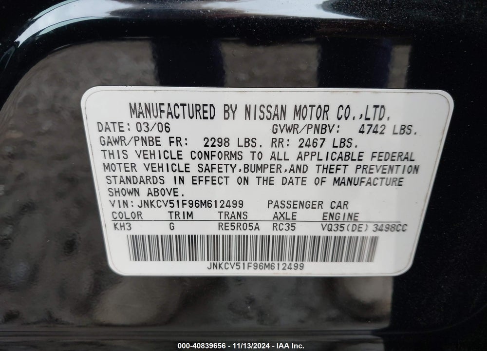 2006 INFINITI G35X VIN: JNKCV51F96M612499