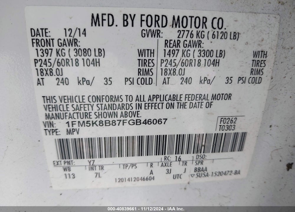 2015 FORD EXPLORER VIN: 1FM5K8B87FGB46067