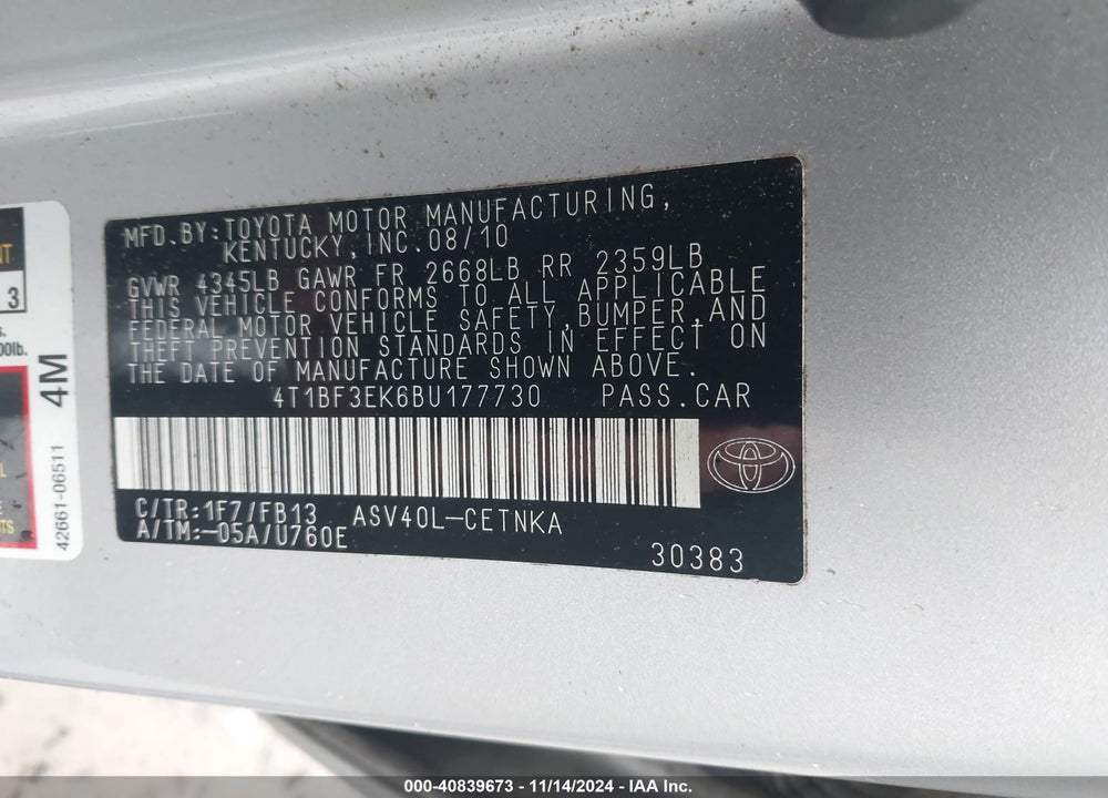 2011 TOYOTA CAMRY LE VIN: 4T1BF3EK6BU177730