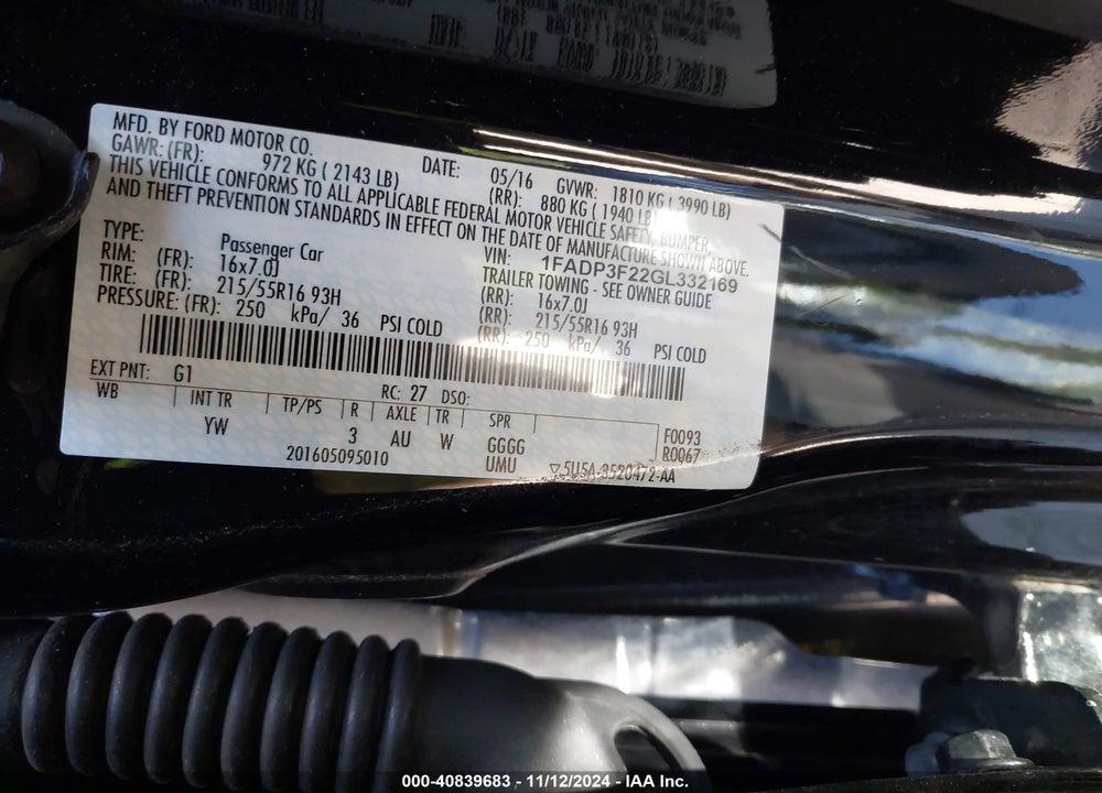 2016 FORD FOCUS SE VIN: 1FADP3F22GL332169