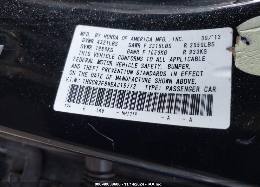 2014 HONDA ACCORD EX-L VIN: 1HGCR2F89EA015773
