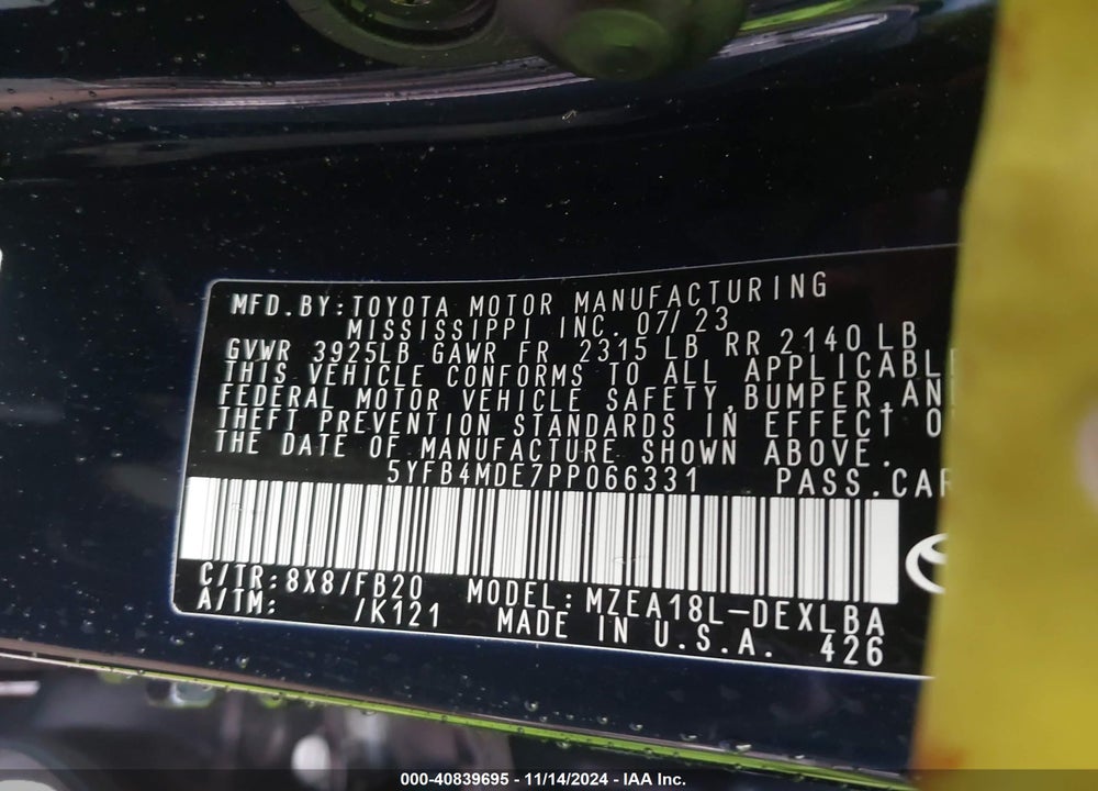 2023 TOYOTA COROLLA LE VIN: 5YFB4MDE7PP066331