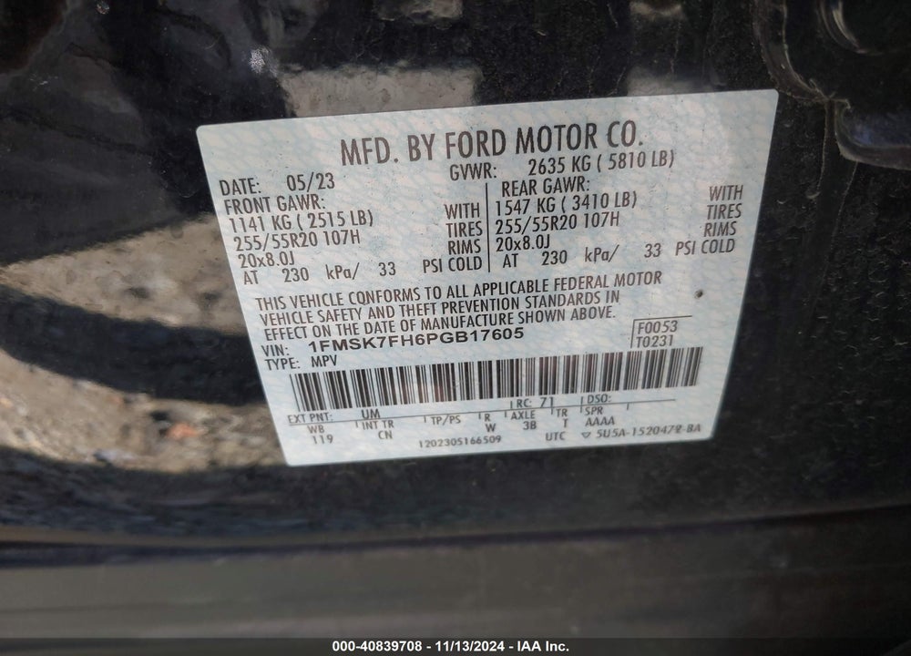 2023 FORD EXPLORER LIMITED VIN: 1FMSK7FH6PGB17605