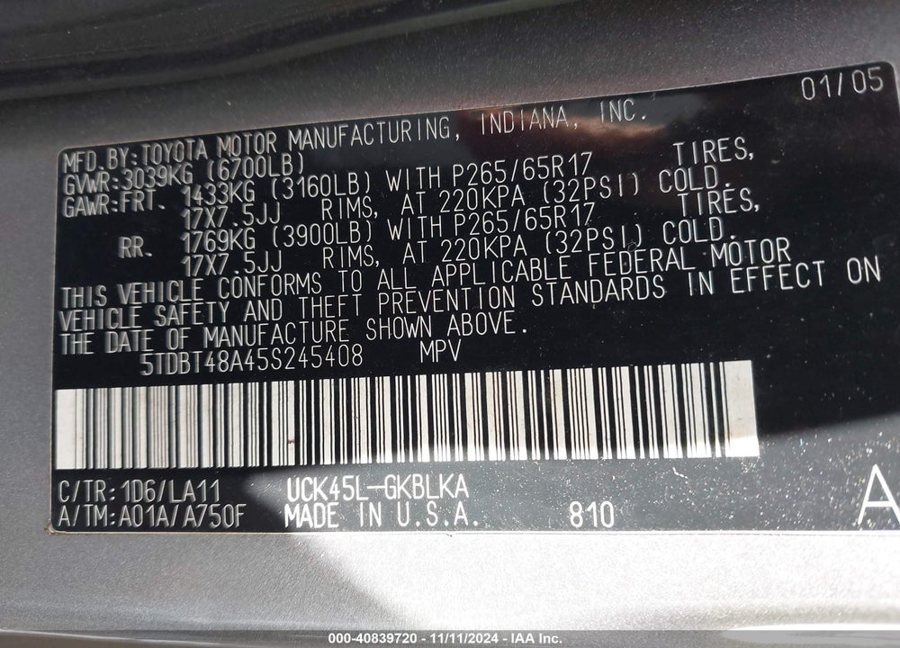 2005 TOYOTA SEQUOIA LIMITED V8 VIN: 5TDBT48A45S245408