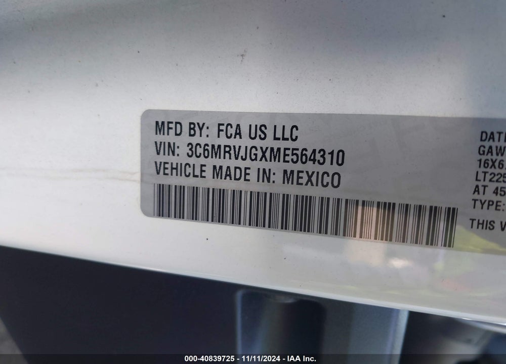 2021 RAM PROMASTER 3500 CARGO VAN HIGH ROOF 159 WB EXT VIN: 3C6MRVJGXME564310