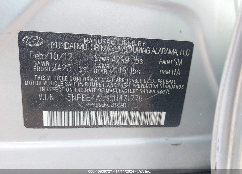 2012 HYUNDAI SONATA GLS VIN: 5NPEB4AC3CH471776