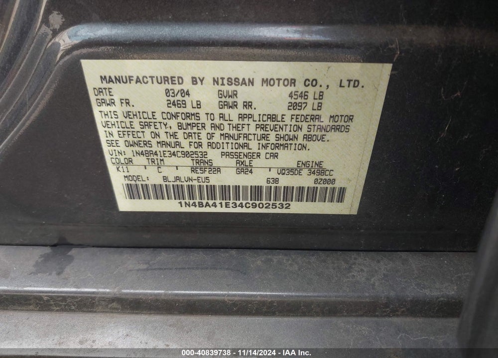 2004 NISSAN MAXIMA 3.5 SL VIN: 1N4BA41E34C902532