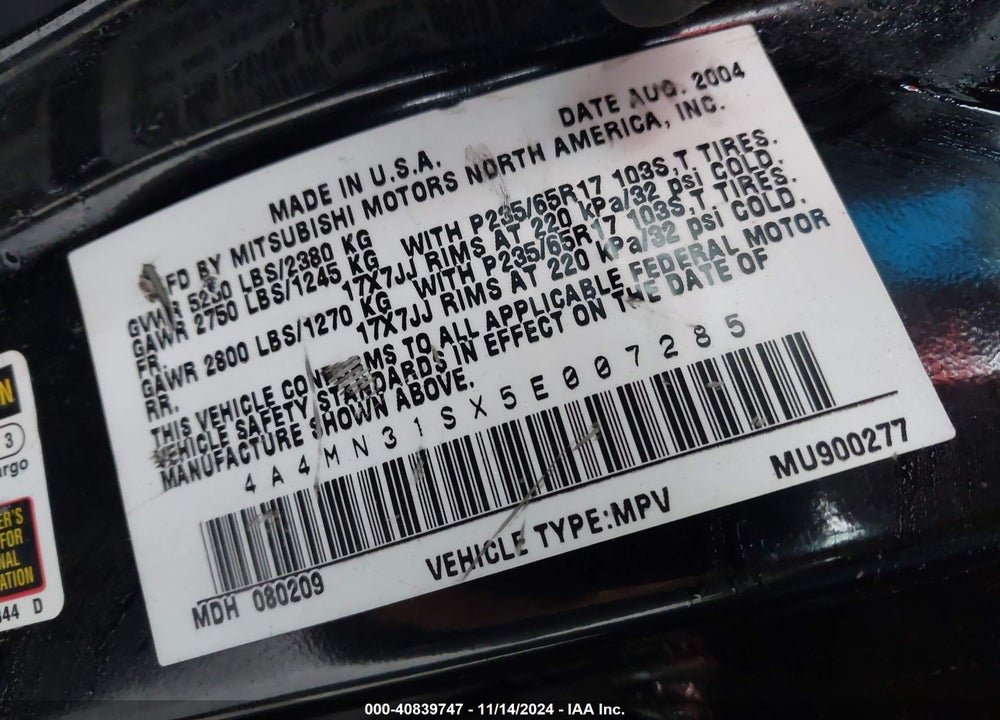 2005 MITSUBISHI ENDEAVOR XLS VIN: 4A4MN31SX5E007285