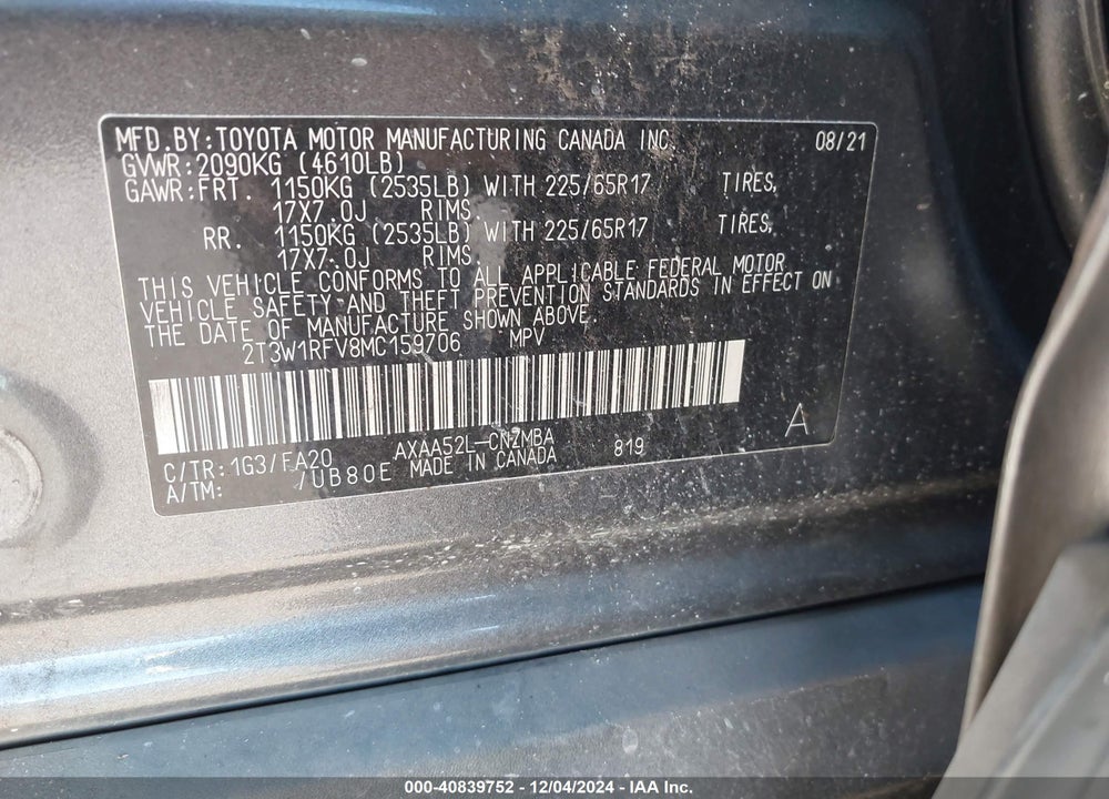2021 TOYOTA RAV4 XLE VIN: 2T3W1RFV8MC159706