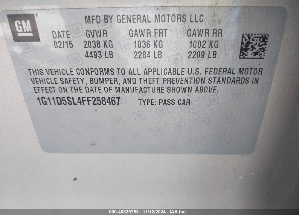 2015 CHEVROLET MALIBU 2LT VIN: 1G11D5SL4FF258467