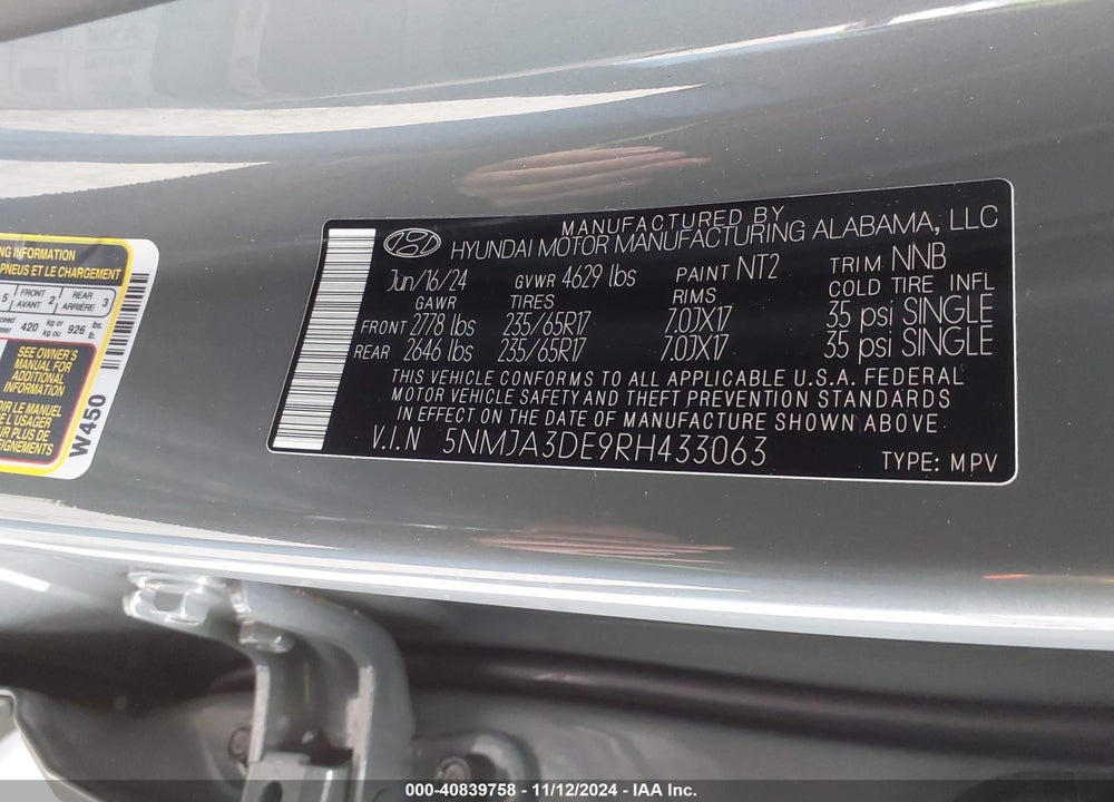 2024 HYUNDAI TUCSON SE VIN: 5NMJA3DE9RH433063