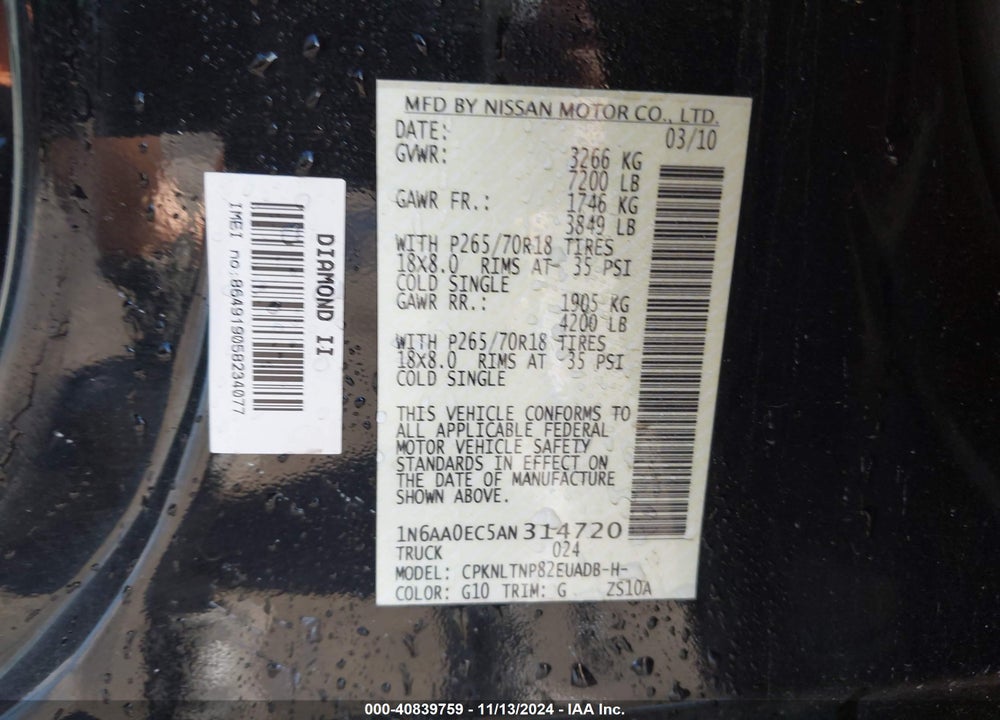 2010 NISSAN TITAN VIN: 1N6AA0EC5AN314720