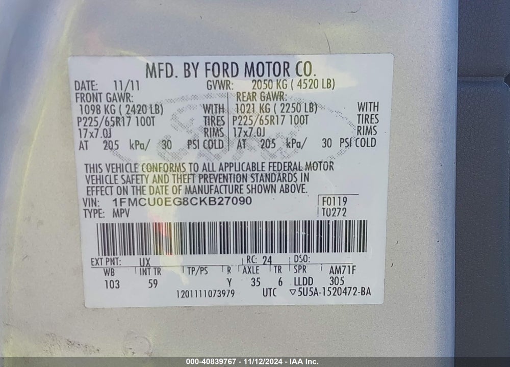 2012 FORD ESCAPE LIMITED VIN: 1FMCU0EG8CKB27090