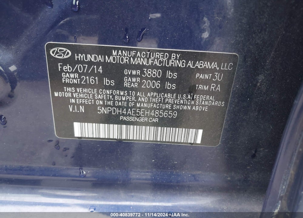 2014 HYUNDAI ELANTRA SE VIN: 5NPDH4AE5EH485659