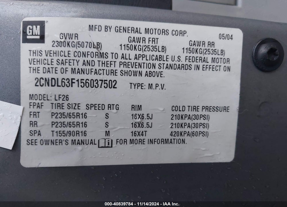 2005 CHEVROLET EQUINOX LT VIN: 2CNDL63F156037502