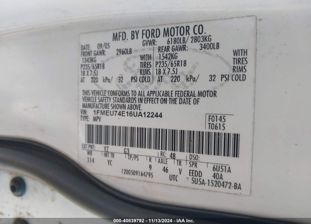 2006 FORD EXPLORER EDDIE BAUER VIN: 1FMEU74E16UA12244