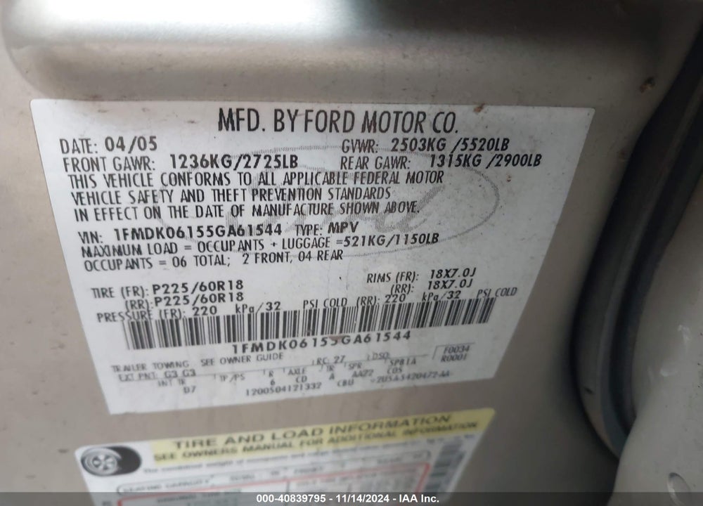 2005 FORD FREESTYLE LIMITED VIN: 1FMDK06155GA61544