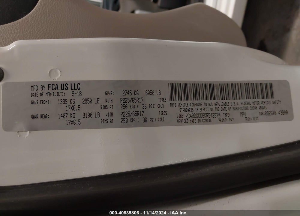 2019 DODGE GRAND CARAVAN SXT VIN: 2C4RDGCG6KR542970