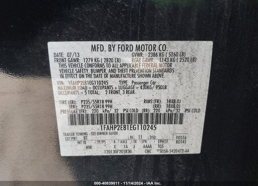 2014 FORD TAURUS SEL VIN: 1FAHP2E81EG110245