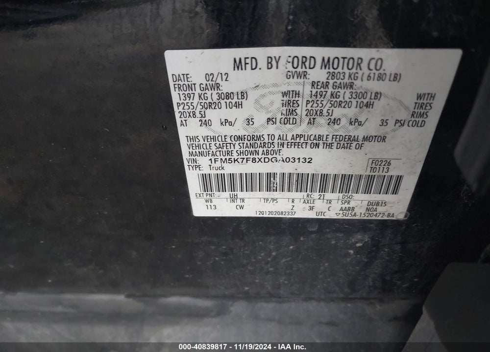 2013 FORD EXPLORER LIMITED VIN: 1FM5K7F8XDGA03132