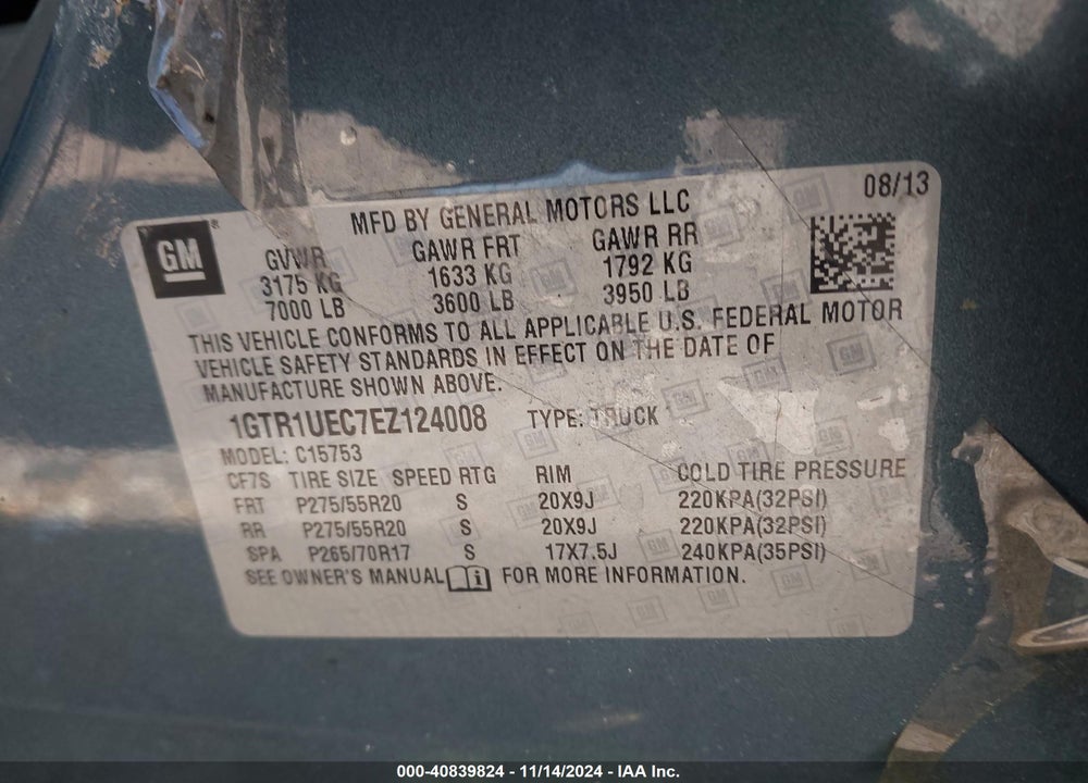 2014 GMC SIERRA 1500 SLE VIN: 1GTR1UEC7EZ124008