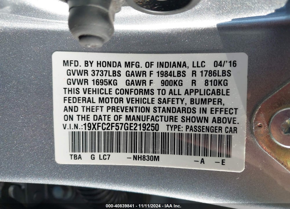 2016 HONDA CIVIC LX VIN: 19XFC2F57GE219250