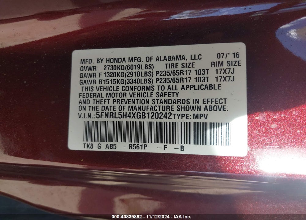 2016 HONDA ODYSSEY EX VIN: 5FNRL5H4XGB120242