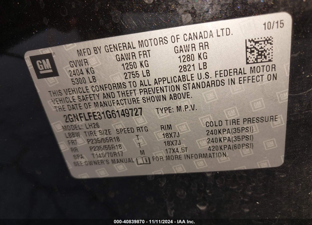 2016 CHEVROLET EQUINOX LT VIN: 2GNFLFE31G6149727