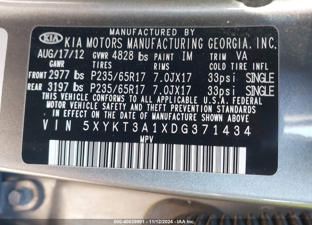 2013 KIA SORENTO LX VIN: 5XYKT3A1XDG371434