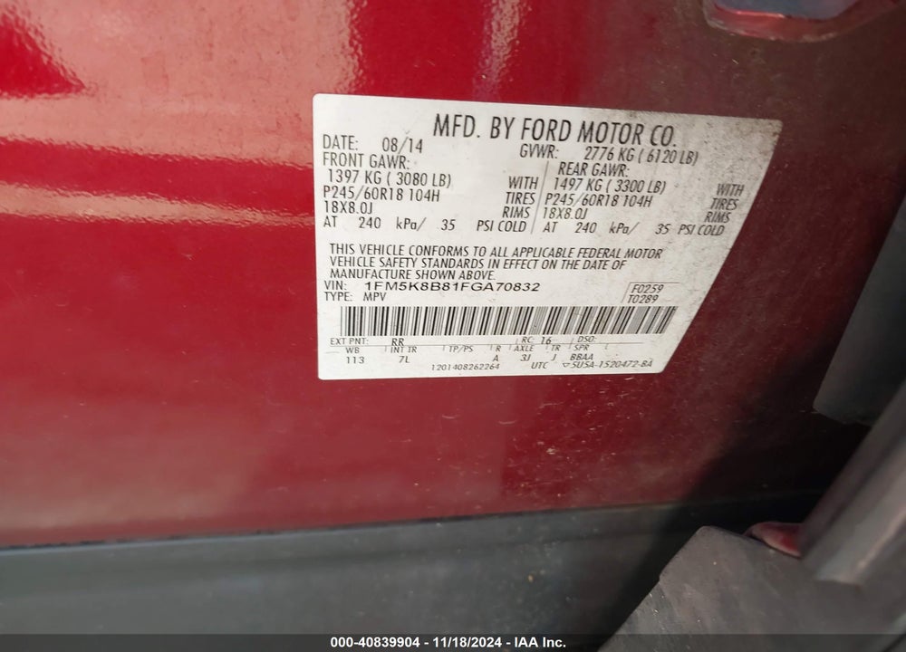 2015 FORD EXPLORER VIN: 1FM5K8B81FGA70832