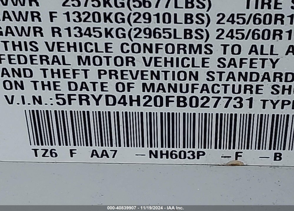 2015 ACURA MDX VIN: 5FRYD4H20FB027731
