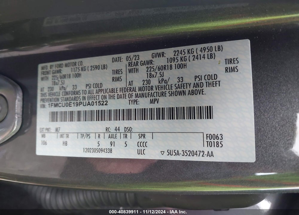 2023 FORD ESCAPE PHEV VIN: 1FMCU0E19PUA01522