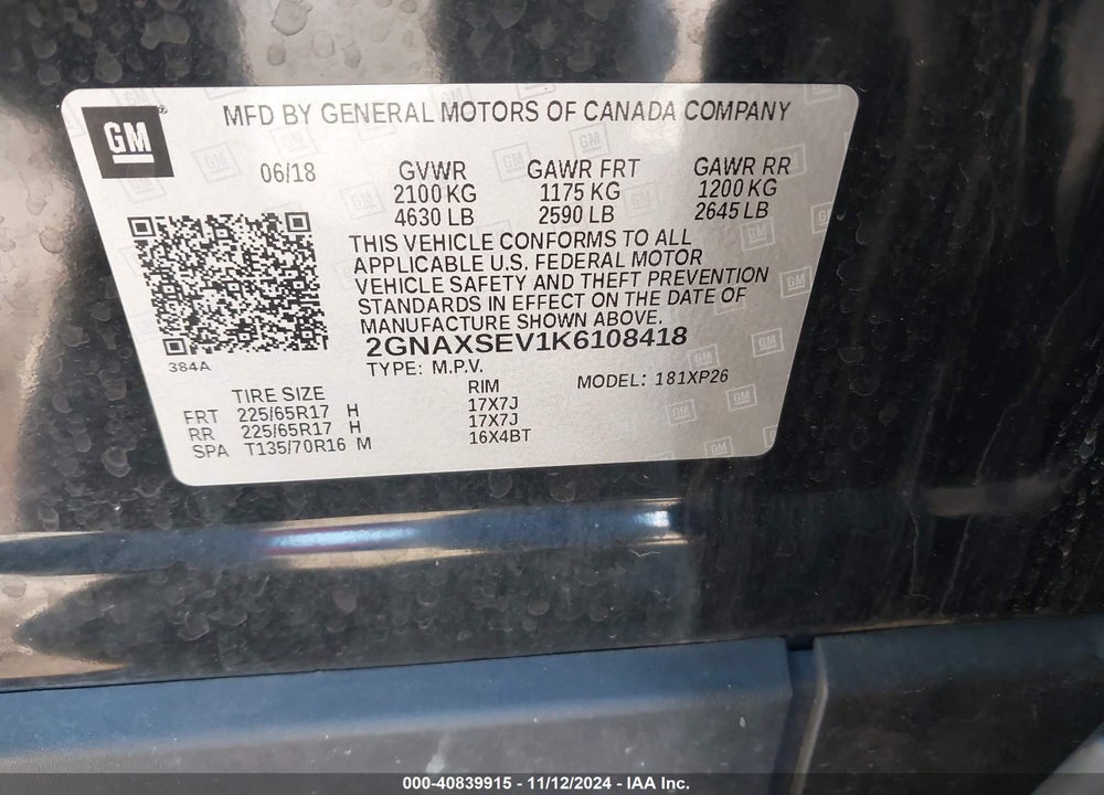 2019 CHEVROLET EQUINOX LS VIN: 2GNAXSEV1K6108418