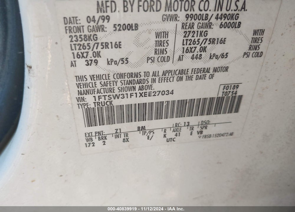 1999 FORD F-350 LARIAT/XL/XLT VIN: 1FTSW31F1XEE27034