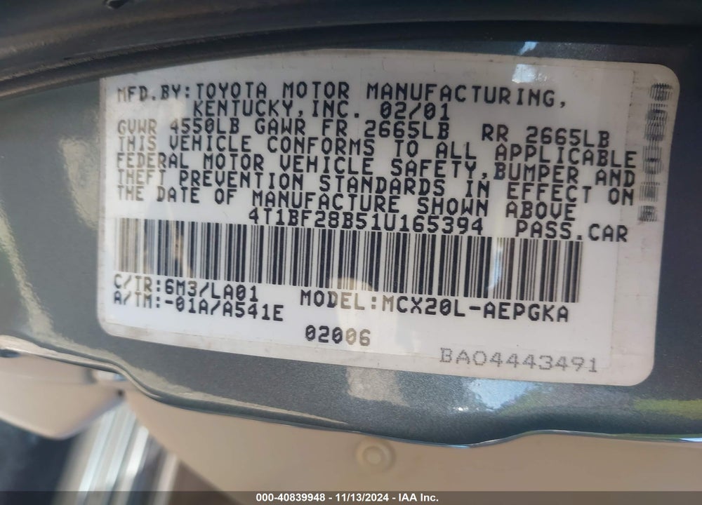 2001 TOYOTA AVALON XLS VIN: 4T1BF28B51U165394