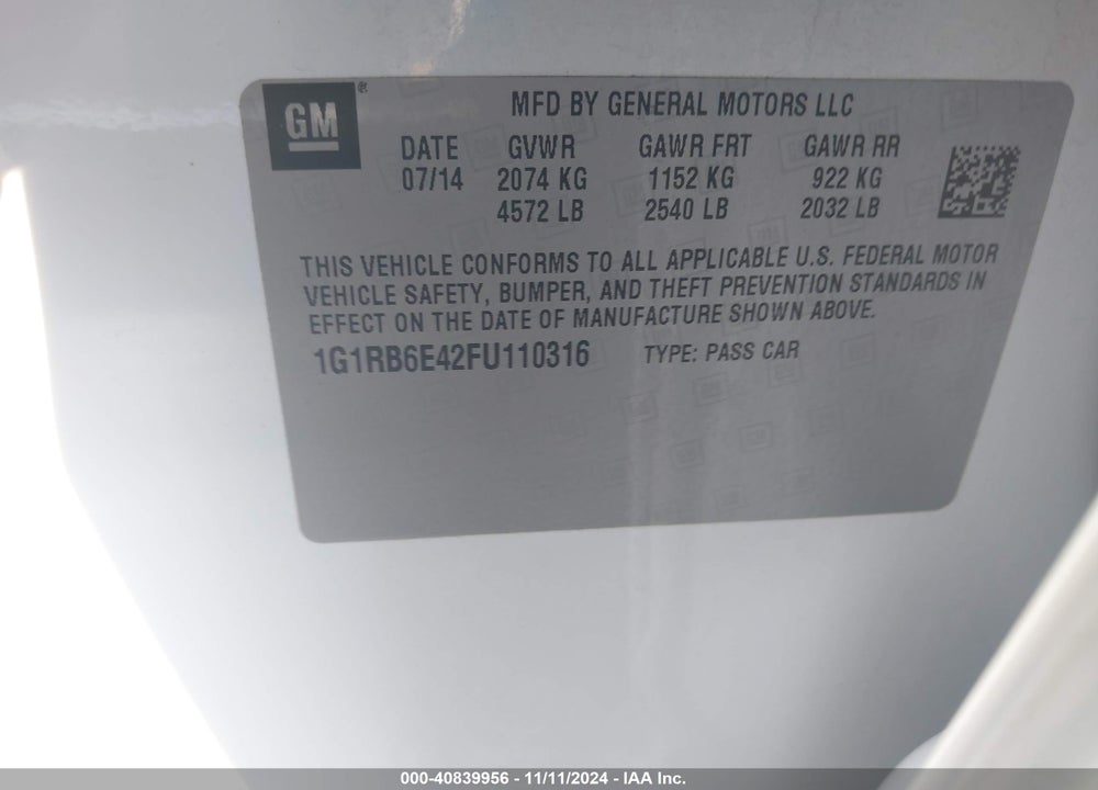 2015 CHEVROLET VOLT VIN: 1G1RB6E42FU110316