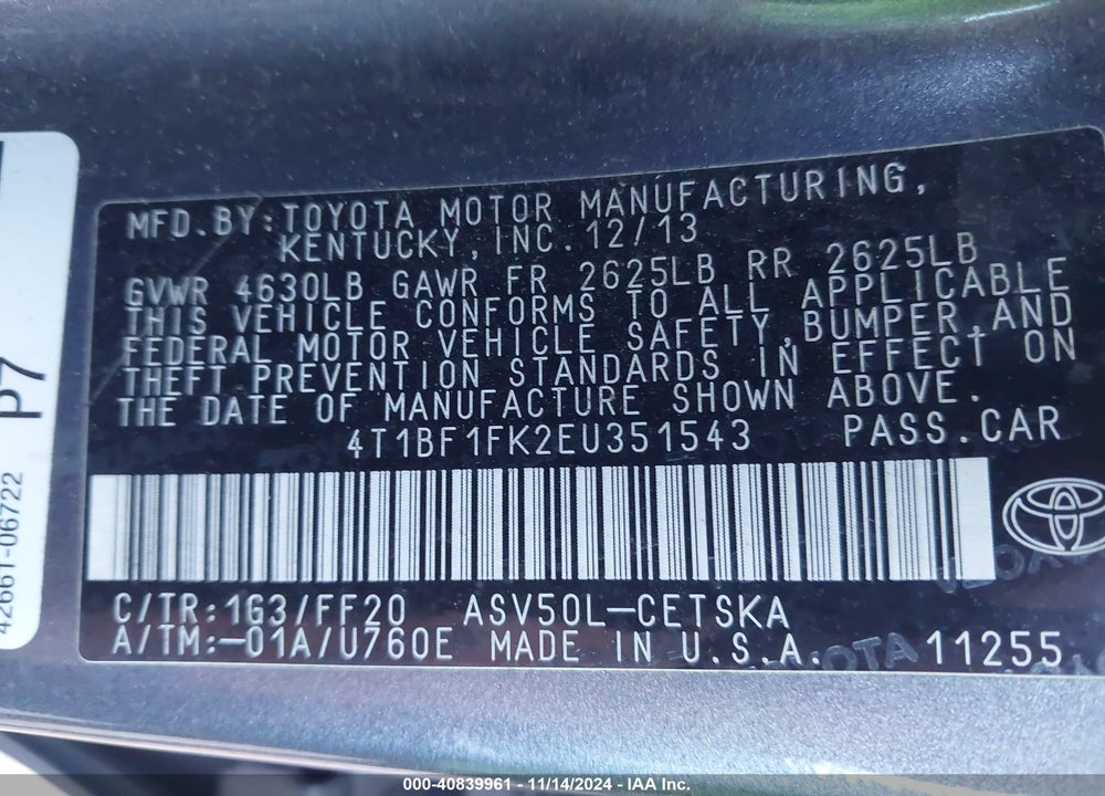 2014 TOYOTA CAMRY SE VIN: 4T1BF1FK2EU351543