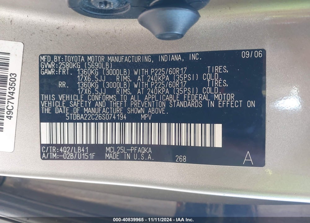 2006 TOYOTA SIENNA XLE VIN: 5TDBA22C26S074194